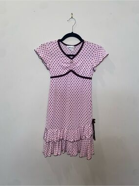 Y2K Coquette I.N. Girl Pink Polka Dot Ruffle Hem Kids Dress with Brown Trim